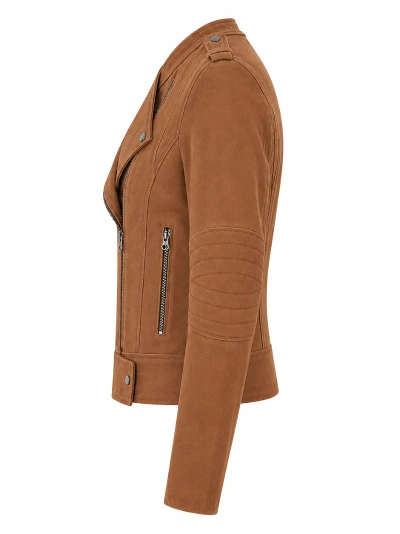 Women’s Brown Suede Leather Jacket with Zipper Front Left 