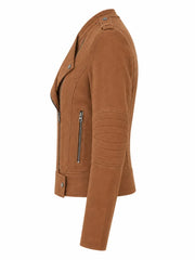 Women’s Brown Suede Leather Jacket with Zipper Front Left 