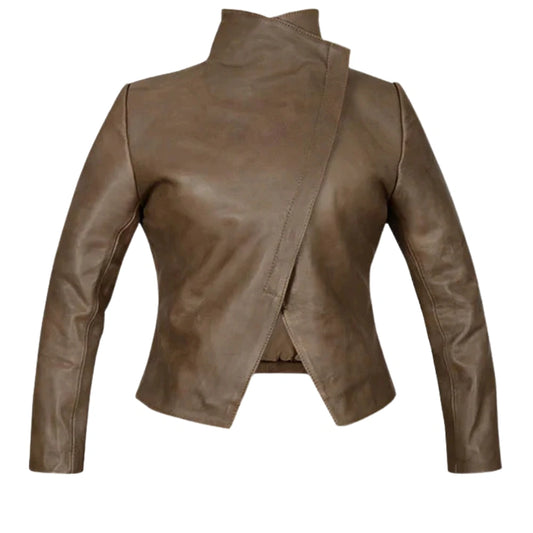 Women’s Brown Wide Collar Leather Jacket