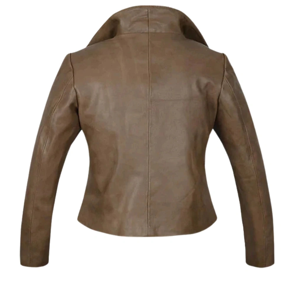 Women’s Brown Wide Collar Leather Jacket