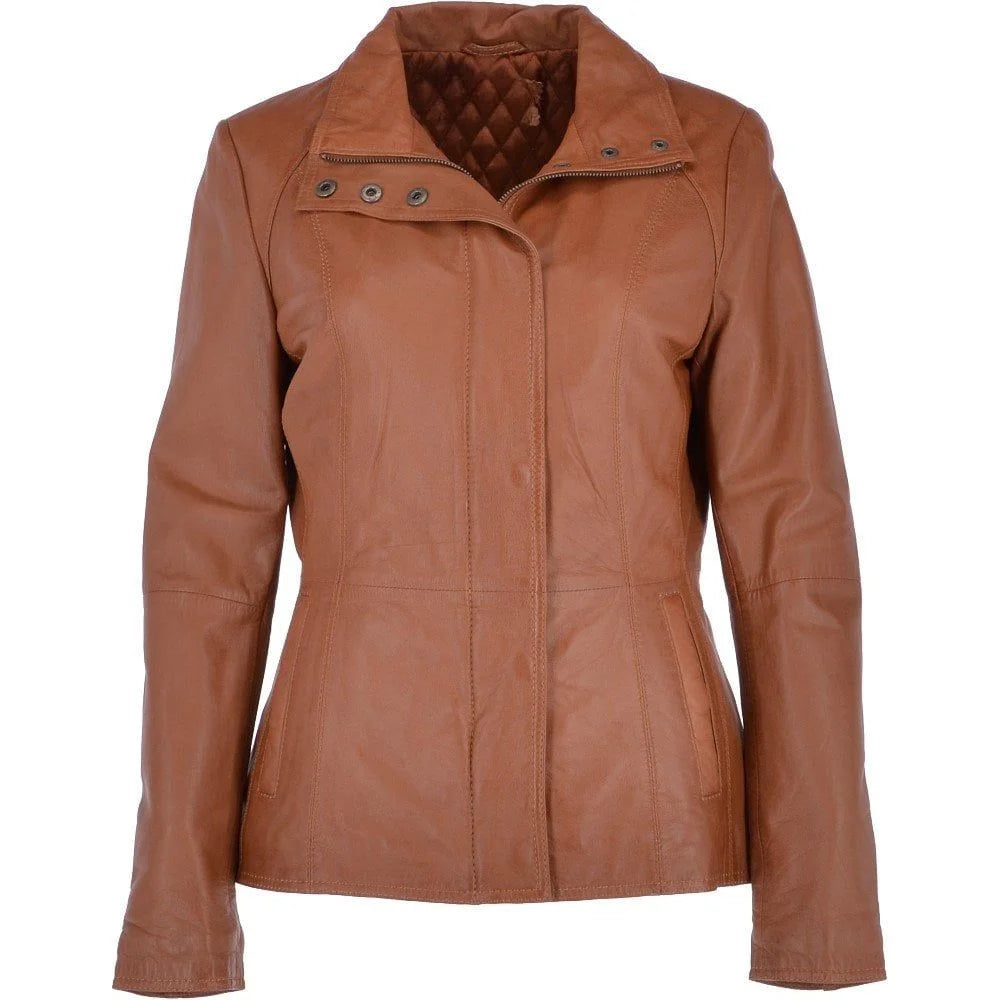 Women's Brown High Collar Leather Jacket