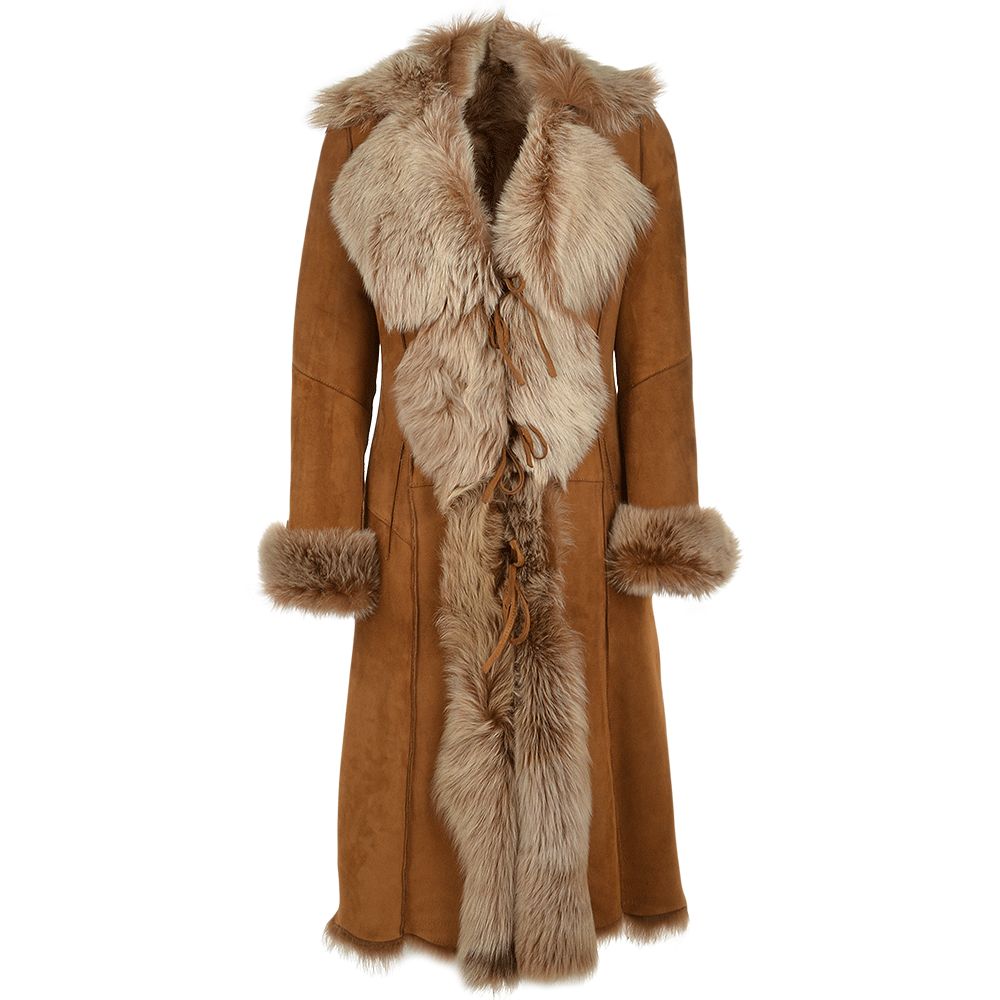 Women's Camel Suede Luxe Faux Fur Trim Leather Coat