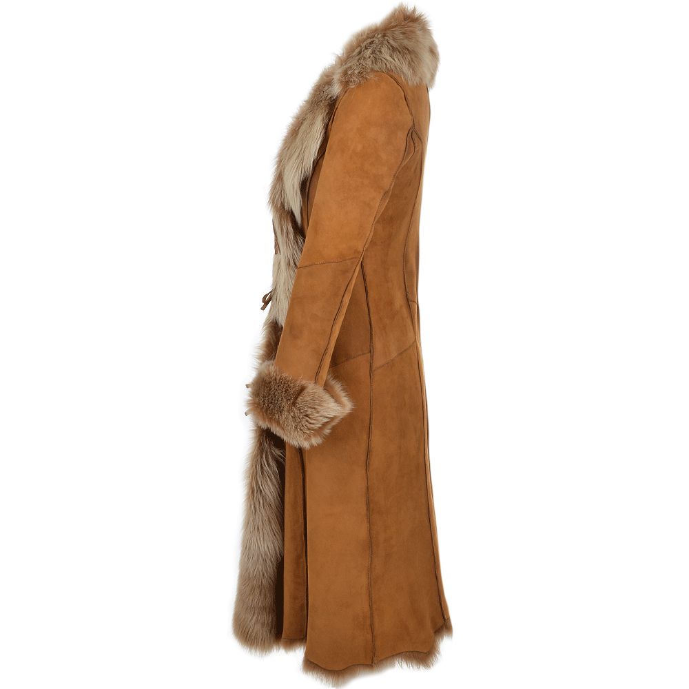 Women's Camel Suede Luxe Faux Fur Trim Leather Coat
