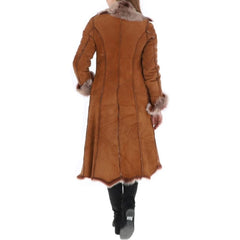 Women's Camel Suede Luxe Faux Fur Trim Leather Coat