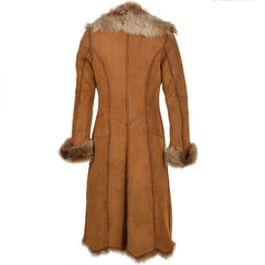 Women's Camel Suede Luxe Faux Fur Trim Leather Coat