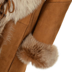 Women's Camel Suede Luxe Faux Fur Trim Leather Coat