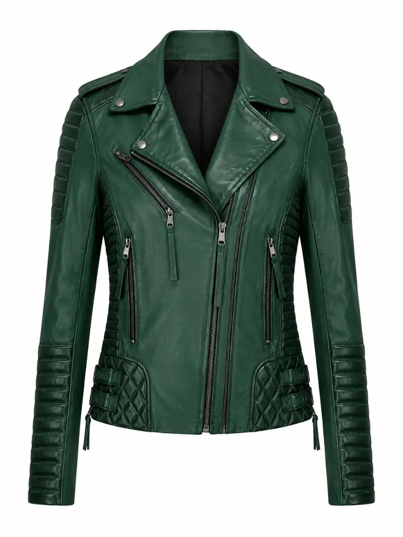 Women's Charlotte Burnt Green Leather Jacket
