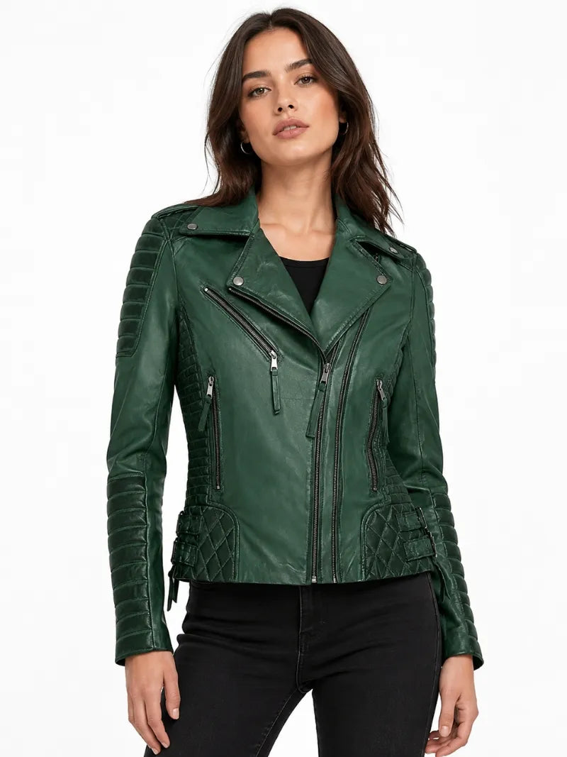 Women's Charlotte Burnt Green Leather Jacket