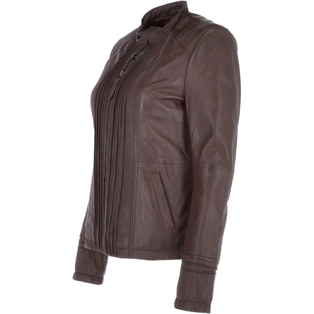Women's Chocolate Brown Pleated Design Leather Jacket