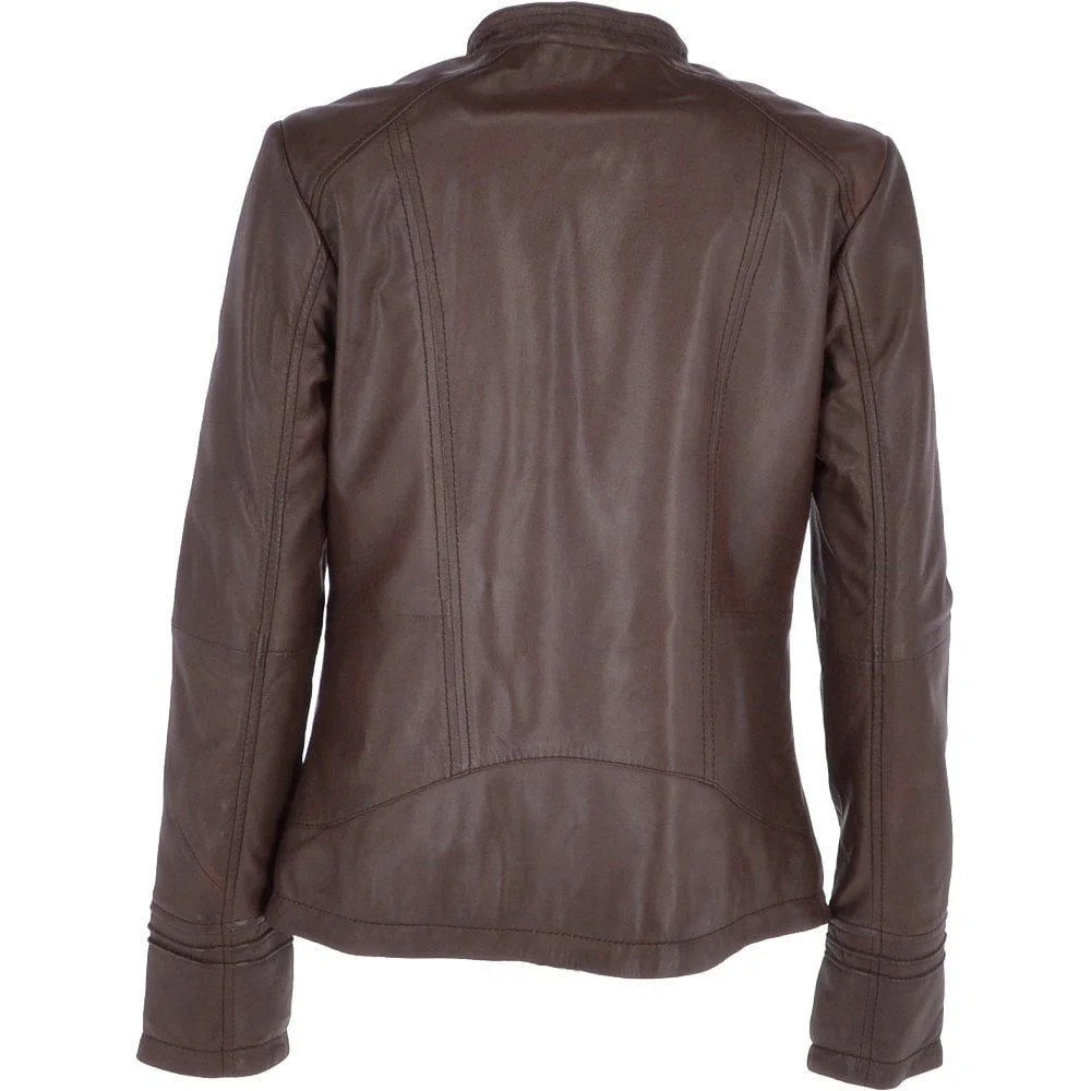 Women's Chocolate Brown Pleated Design Leather Jacket