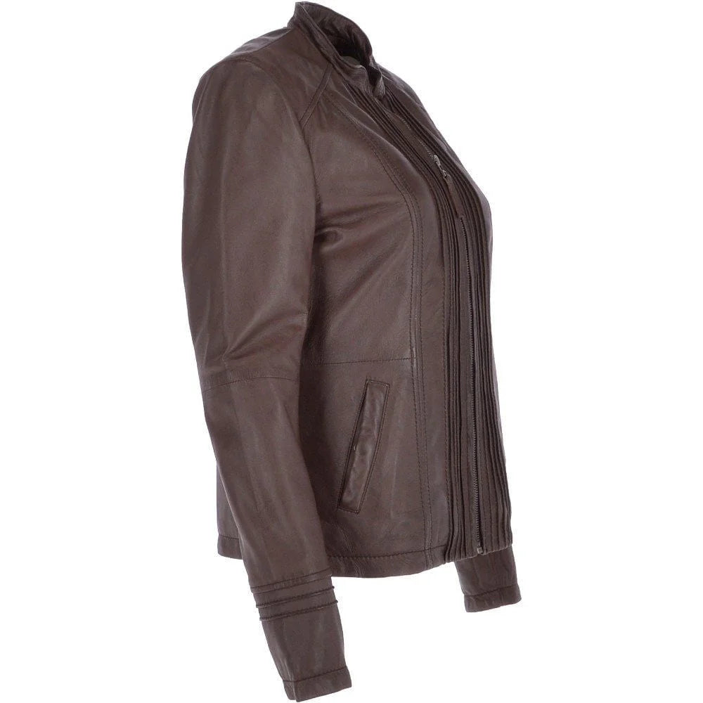 Women's Chocolate Brown Pleated Design Leather Jacket