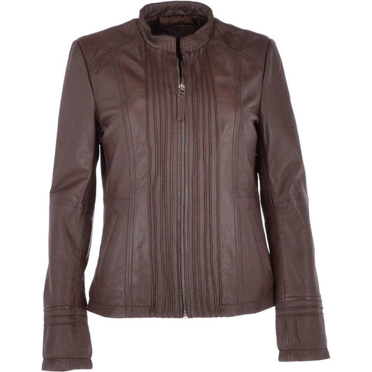 Women's Chocolate Brown Pleated Design Leather Jacket