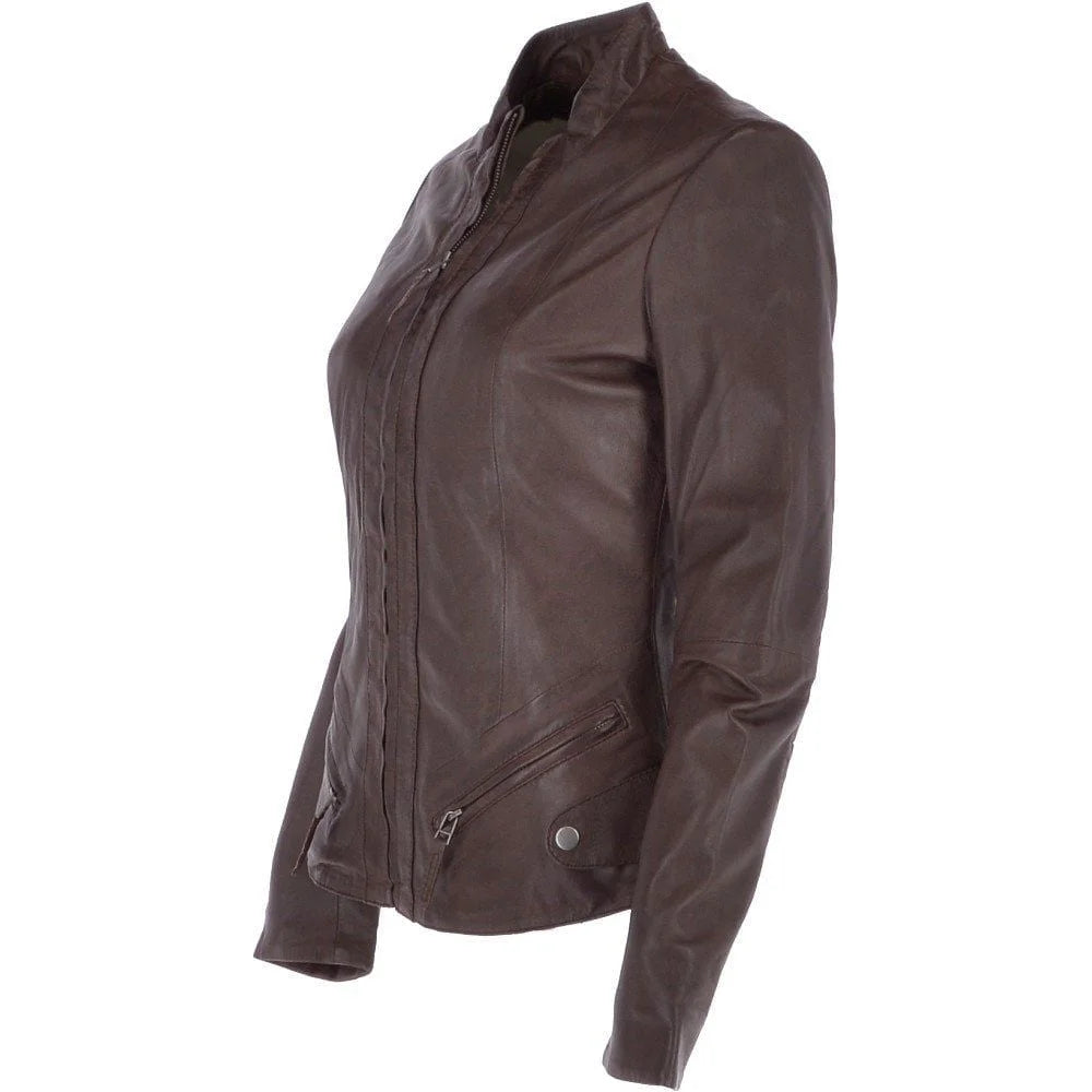 Women's Chocolate Brown Utility Zipper Leather Jacket