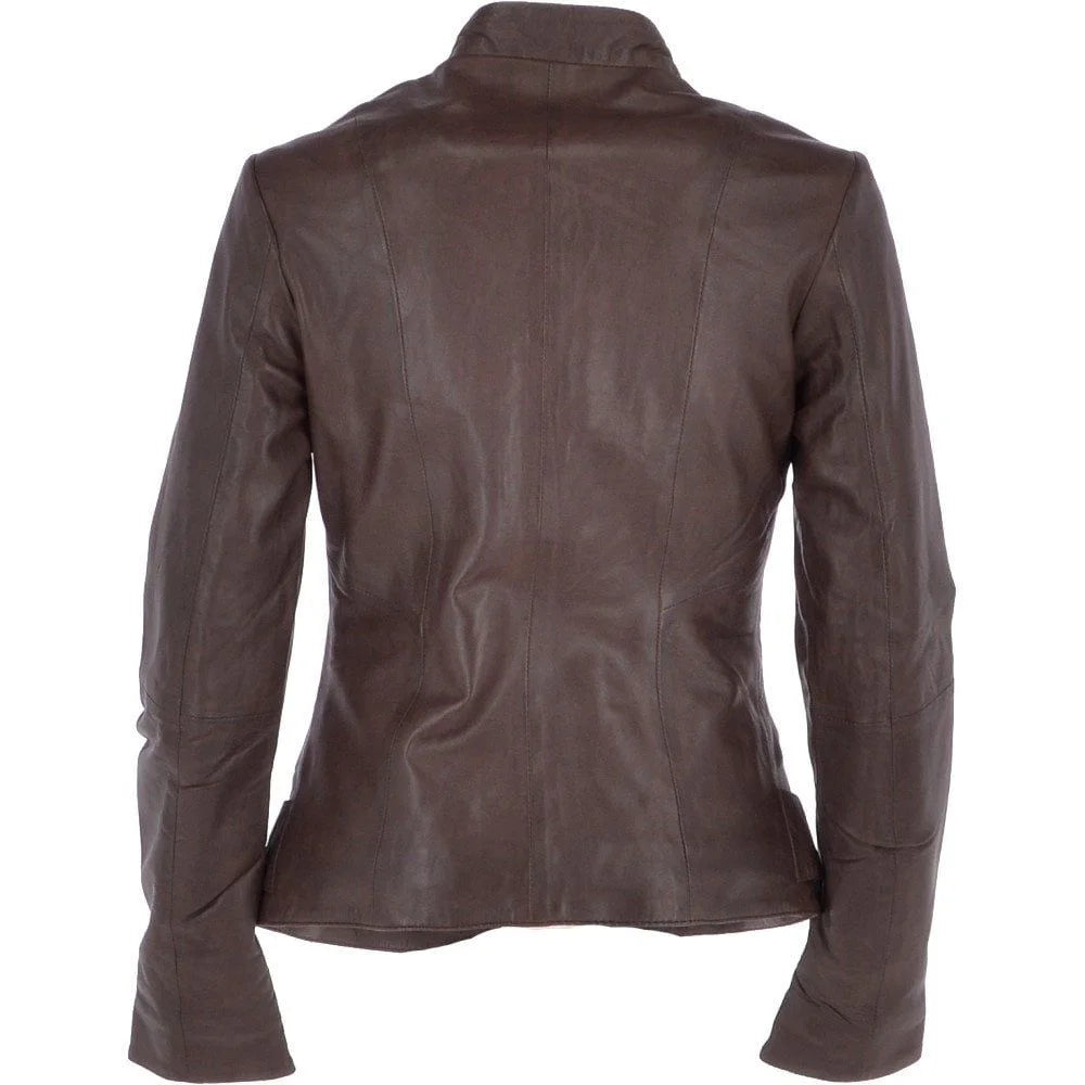 Women's Chocolate Brown Utility Zipper Leather Jacket