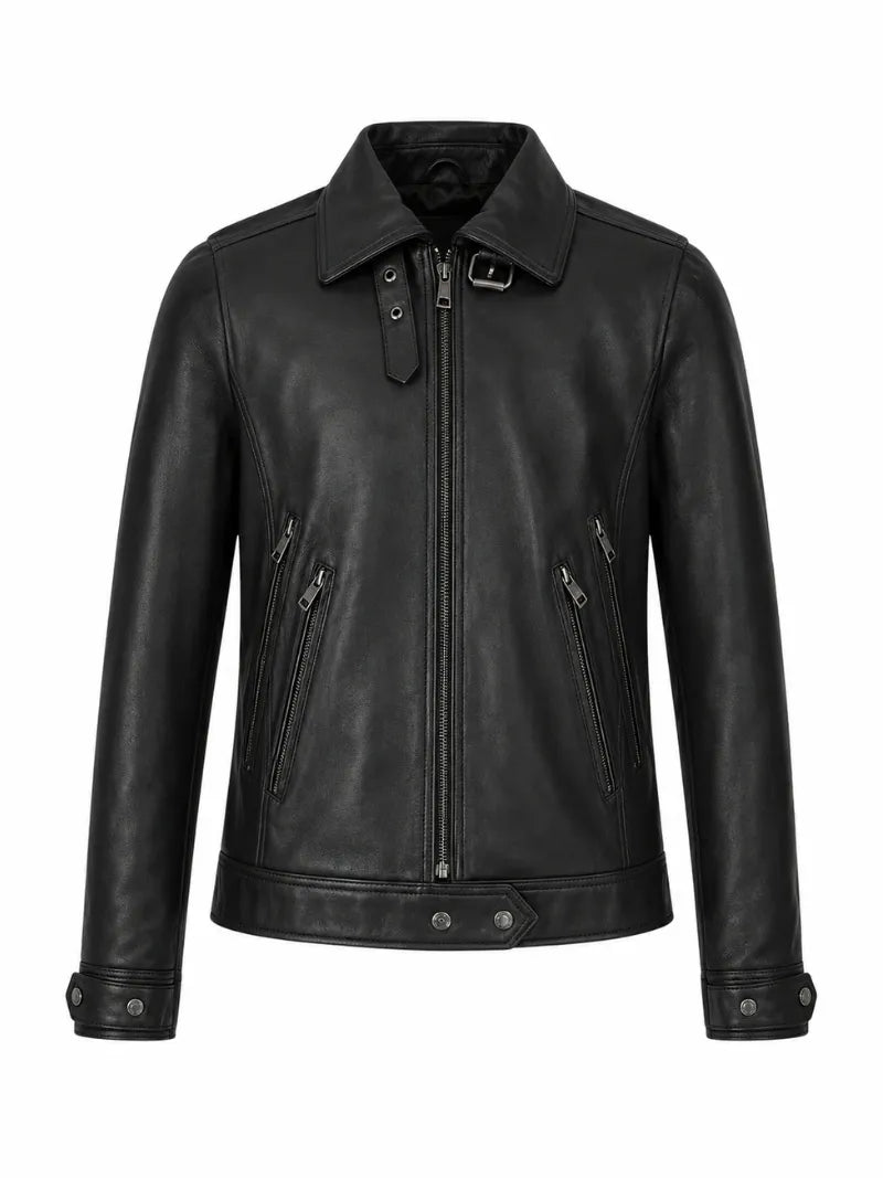 Women’s Classic Black Zipper Leather Jacket Front 