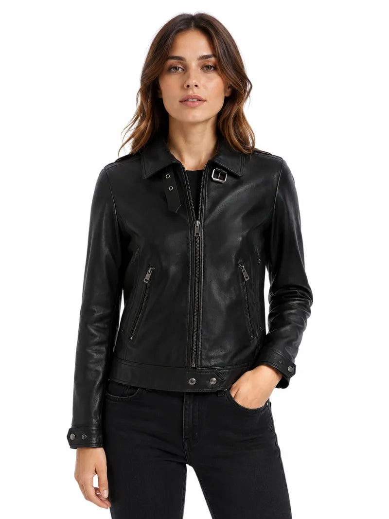 Women’s Classic Black Zipper Leather Jacket Full 
