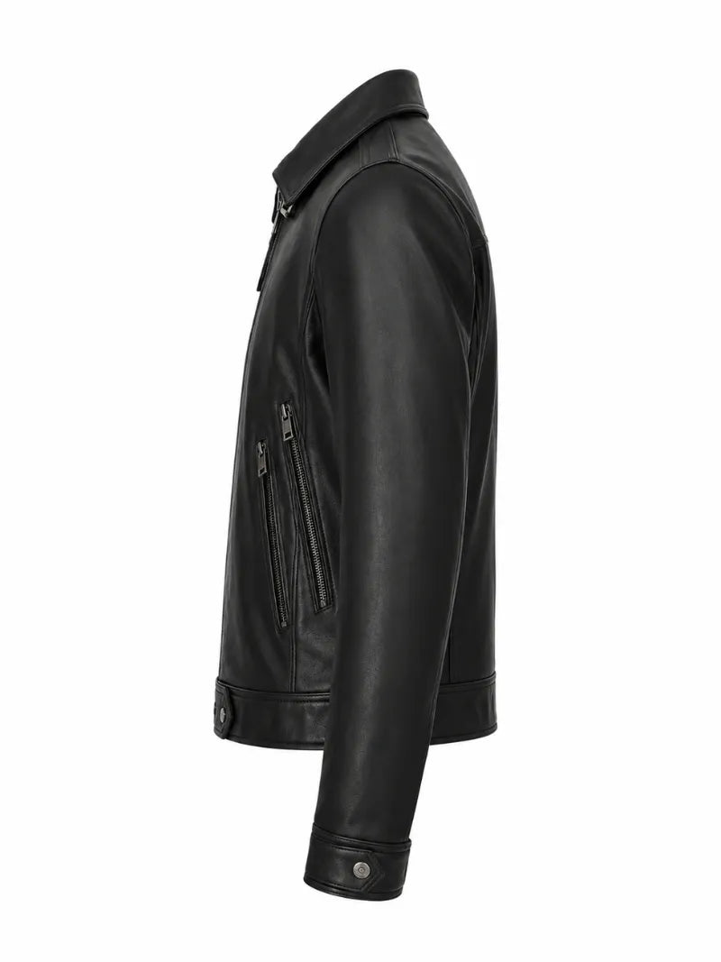 Women’s Classic Black Zipper Leather Jacket Left 