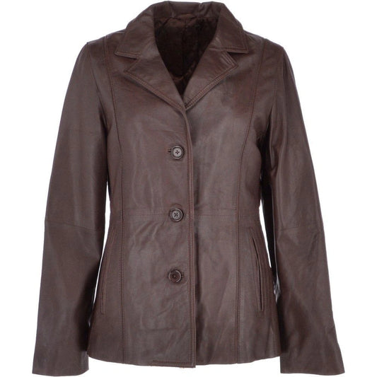 Women's Classic Brown Leather Button-Up Jacket