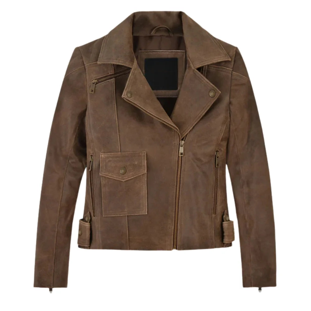Women’s Classic Brown Leather Jacket with Flap Pocket