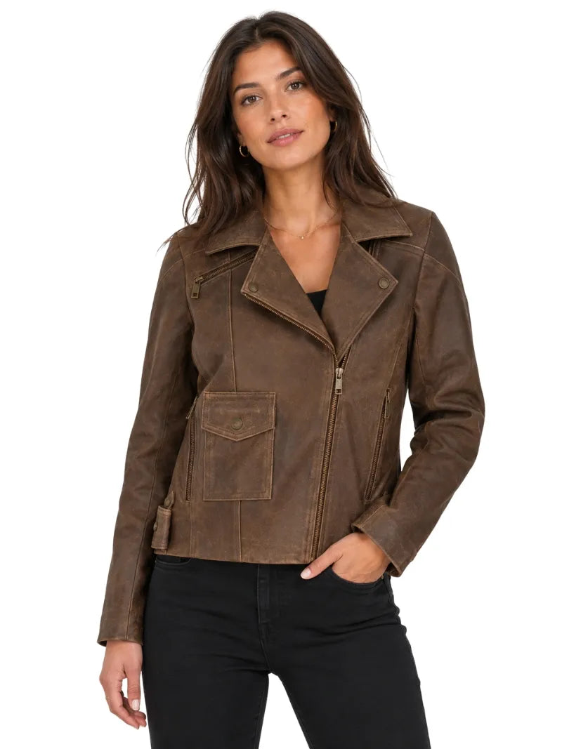Women’s Classic Brown Leather Jacket with Flap Pocket Full