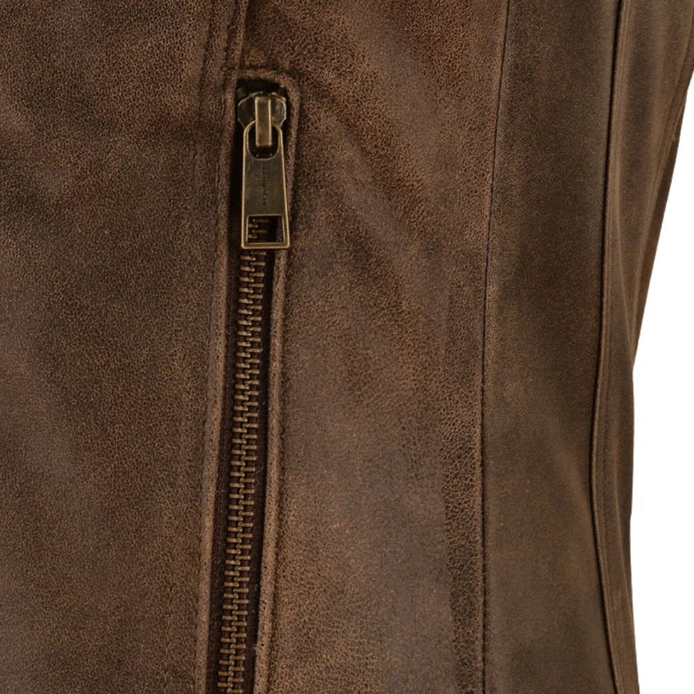 Women’s Classic Brown Leather Jacket with Flap Pocket