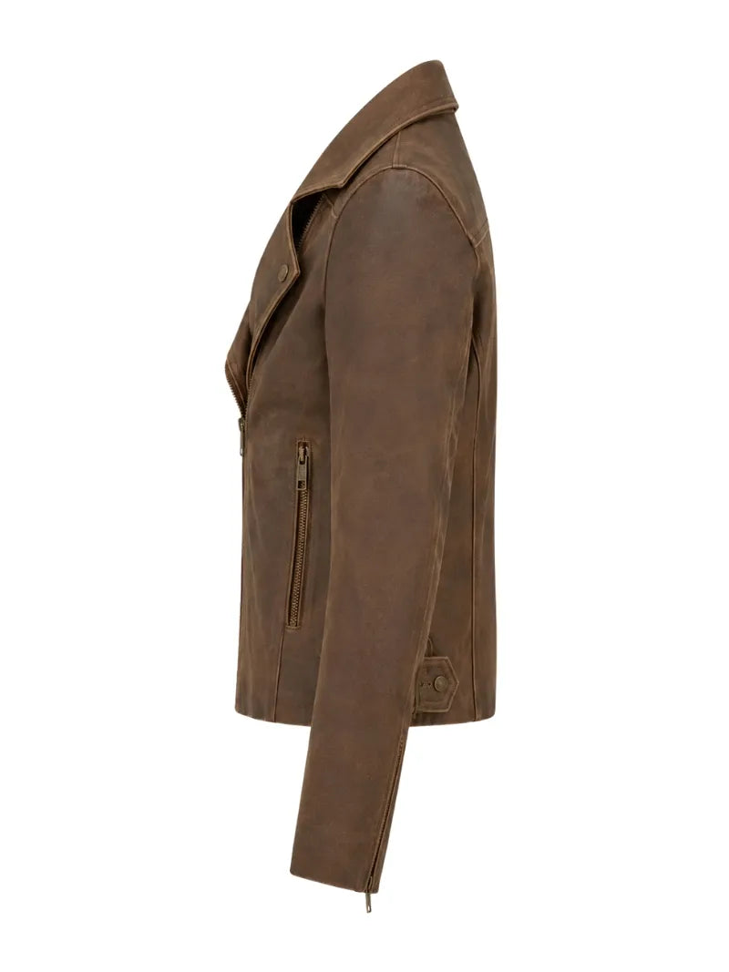 Women’s Classic Brown Leather Jacket with Flap Pocket Left 