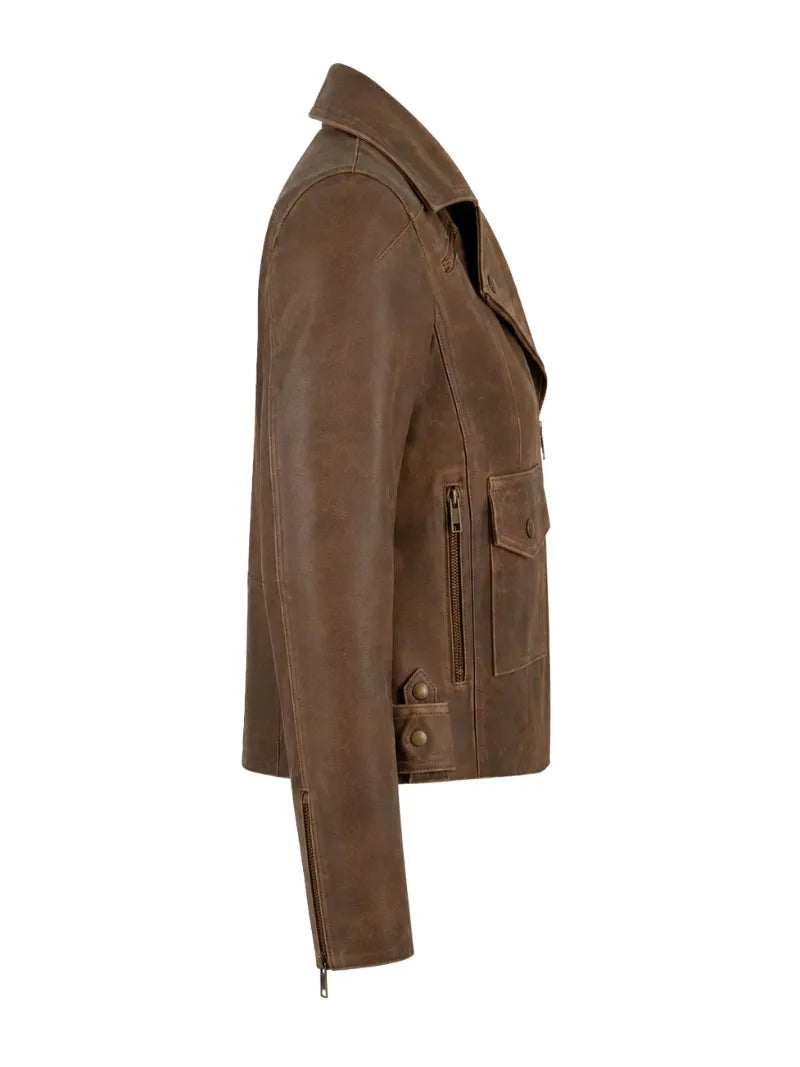 Women’s Classic Brown Leather Jacket with Flap Pocket Right 