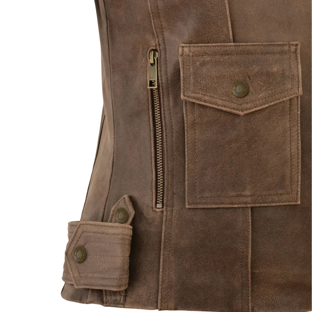 Women’s Classic Brown Leather Jacket with Flap Pocket