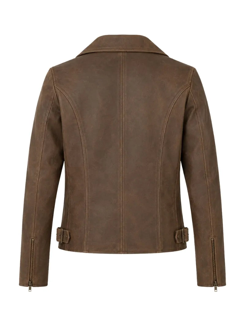 Women’s Classic Brown Leather Jacket with Flap Pocket Back 