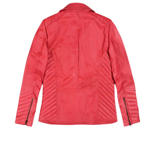 Women’s Classic Red Leather Jacket with Asymmetrical Zipper