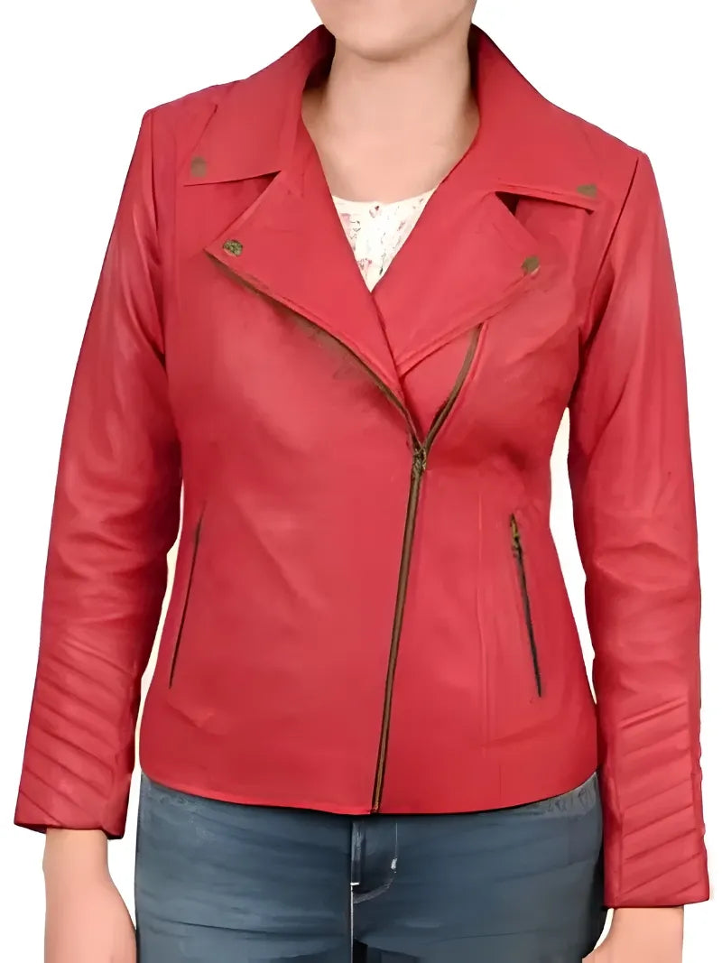 Women’s Classic Red Leather Jacket with Asymmetrical Zipper