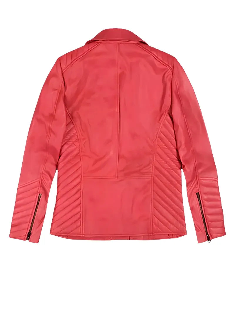 Women’s Classic Red Leather Jacket with Asymmetrical Zipper