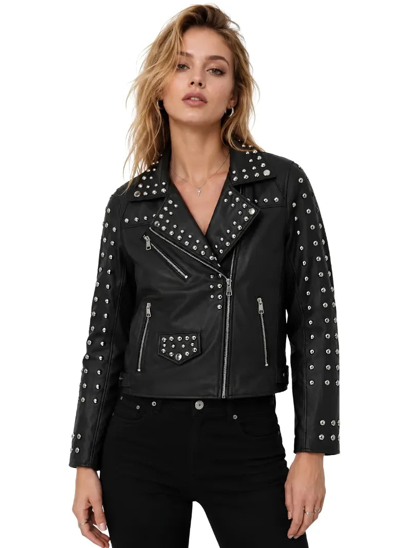 Women's Classic Studded Black Leather Jacket