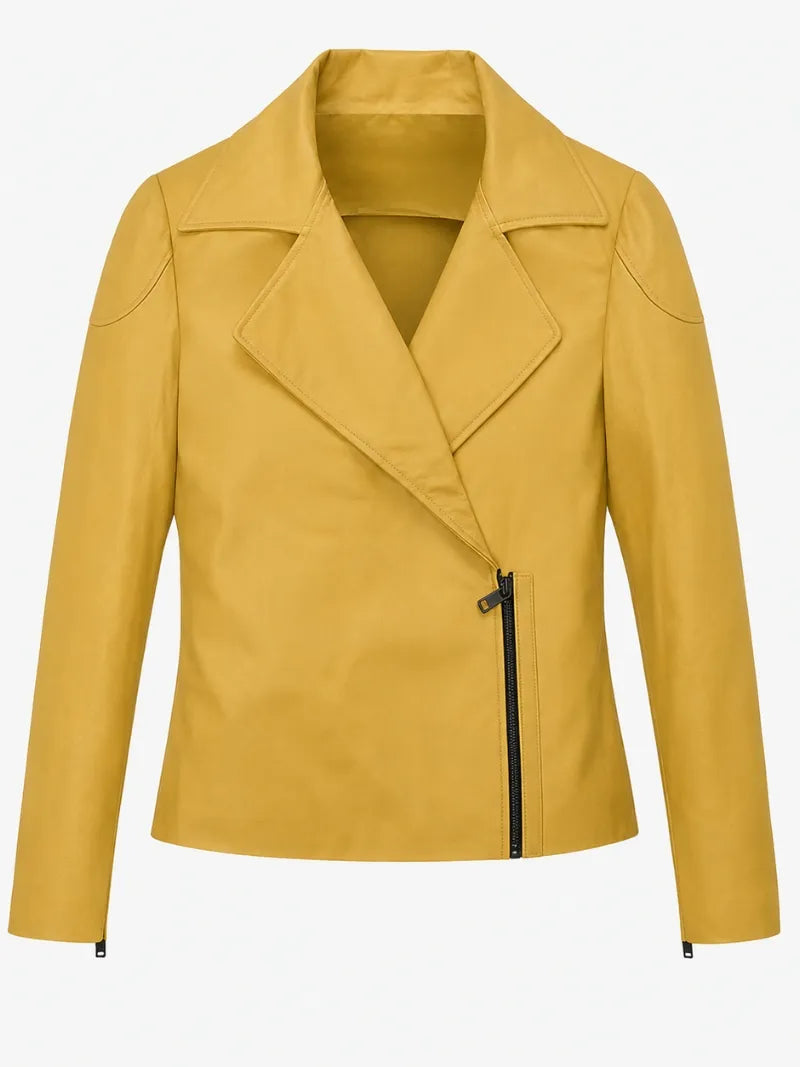 Women's Classic Yellow Leather Jacket Front 