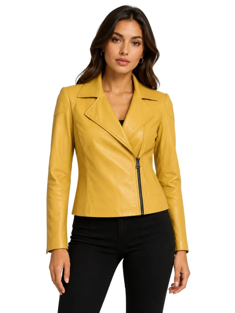 Women's Classic Yellow Leather Jacket Full 