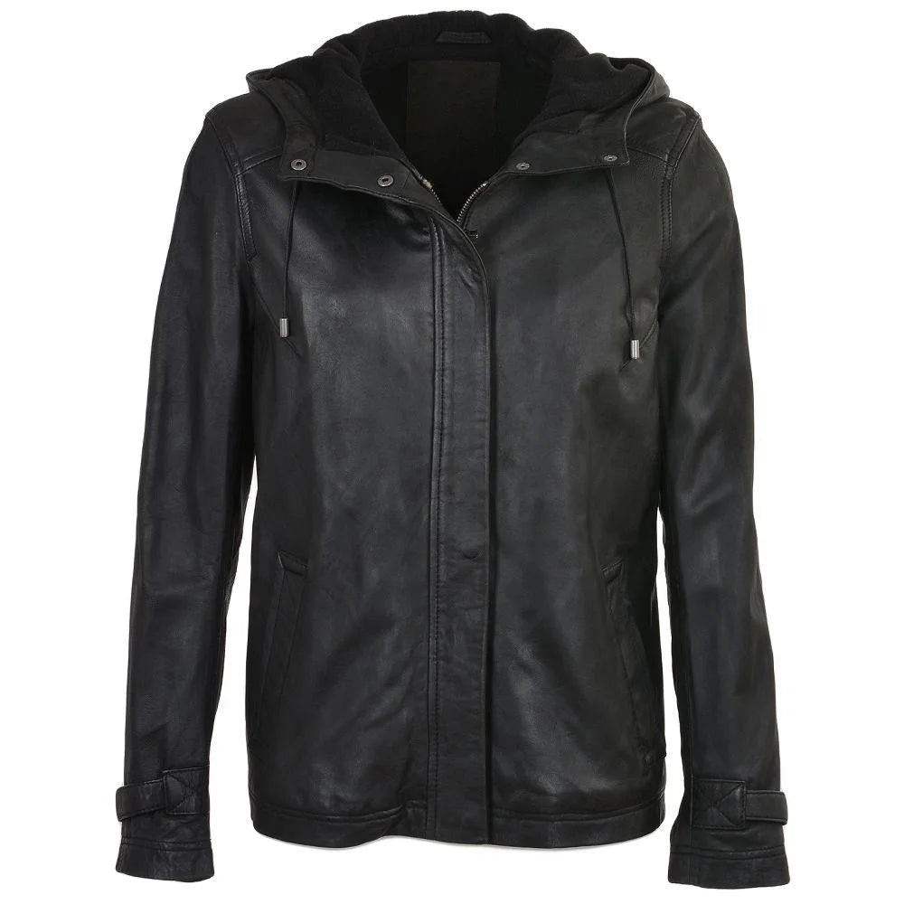 Women's Detachable Hooded Black Leather Jacket