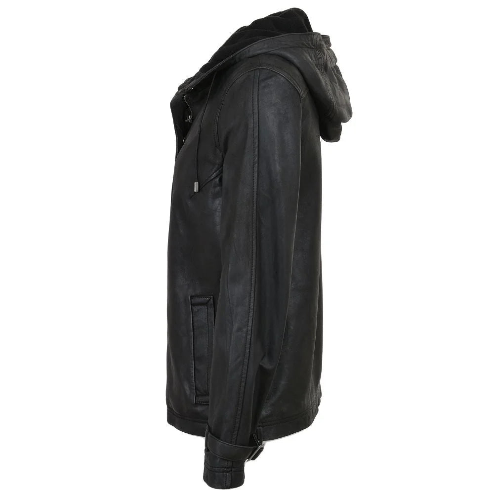 Women's Detachable Hooded Black Leather Jacket
