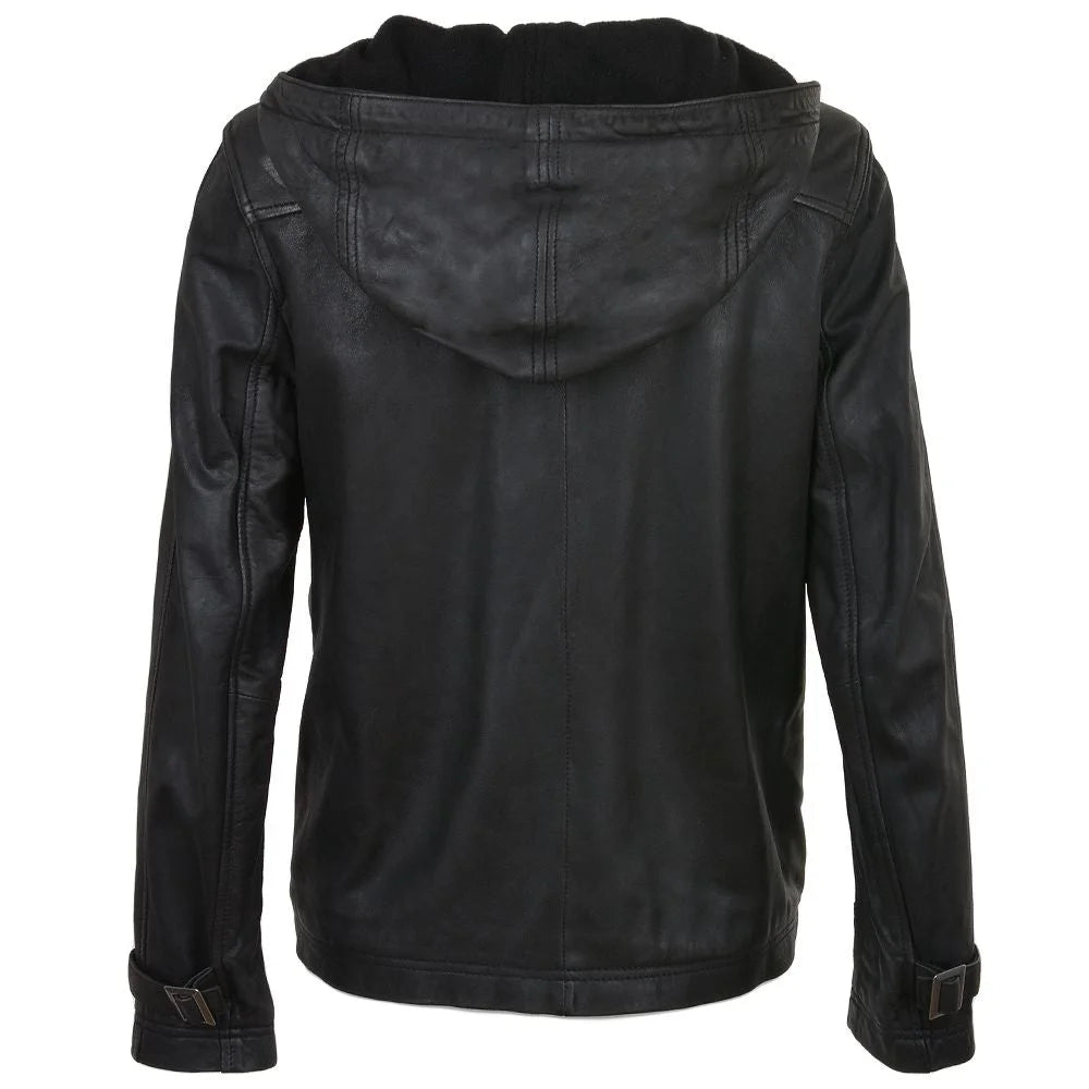 Women's Detachable Hooded Black Leather Jacket