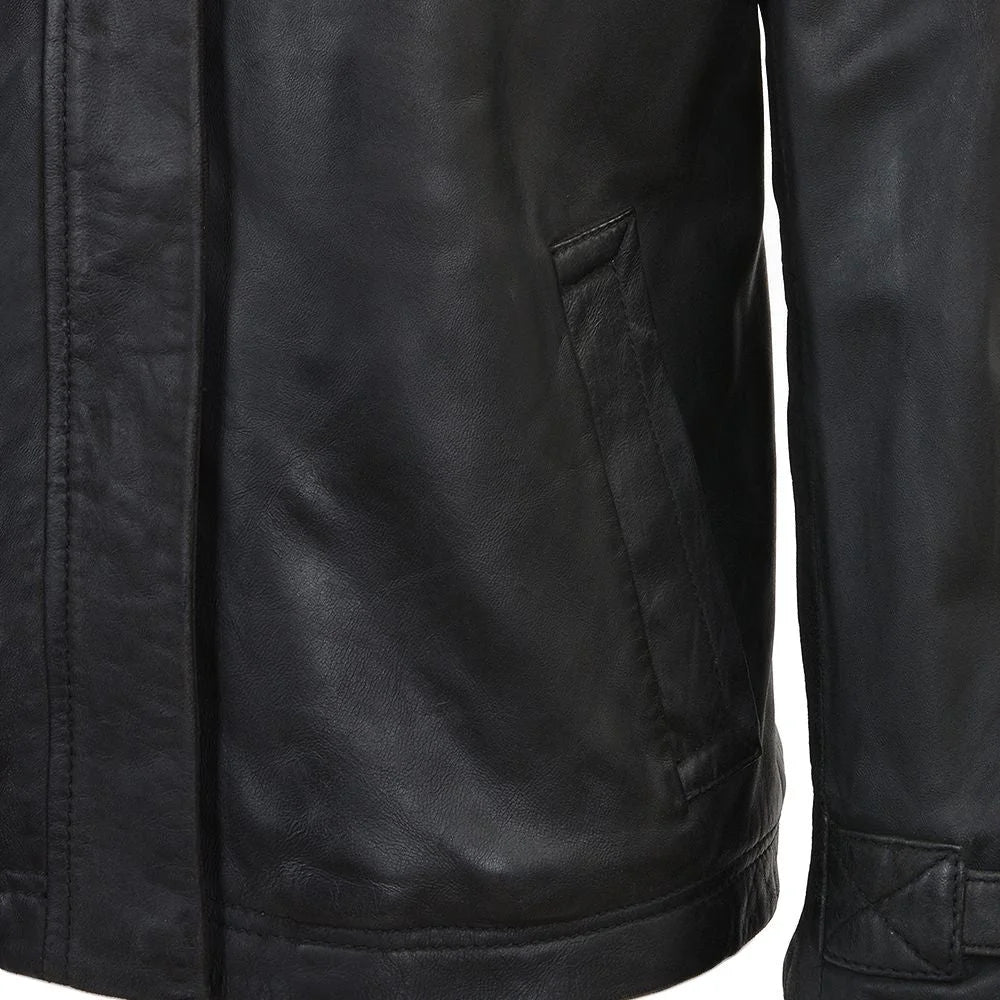 Women's Detachable Hooded Black Leather Jacket