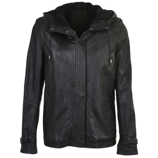 Women's Detachable Hooded Black Leather Jacket