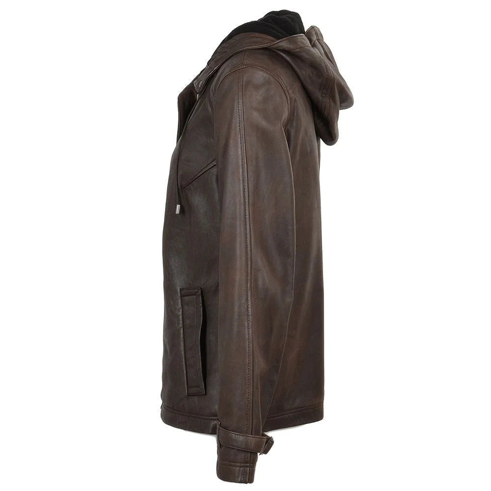 Women's Detachable Hooded Brown Leather Jacket