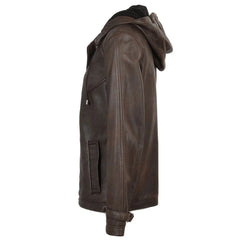 Women's Detachable Hooded Brown Leather Jacket
