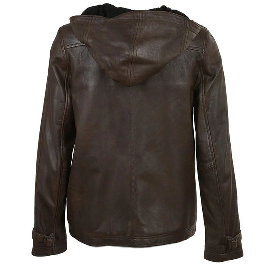 Women's Detachable Hooded Brown Leather Jacket