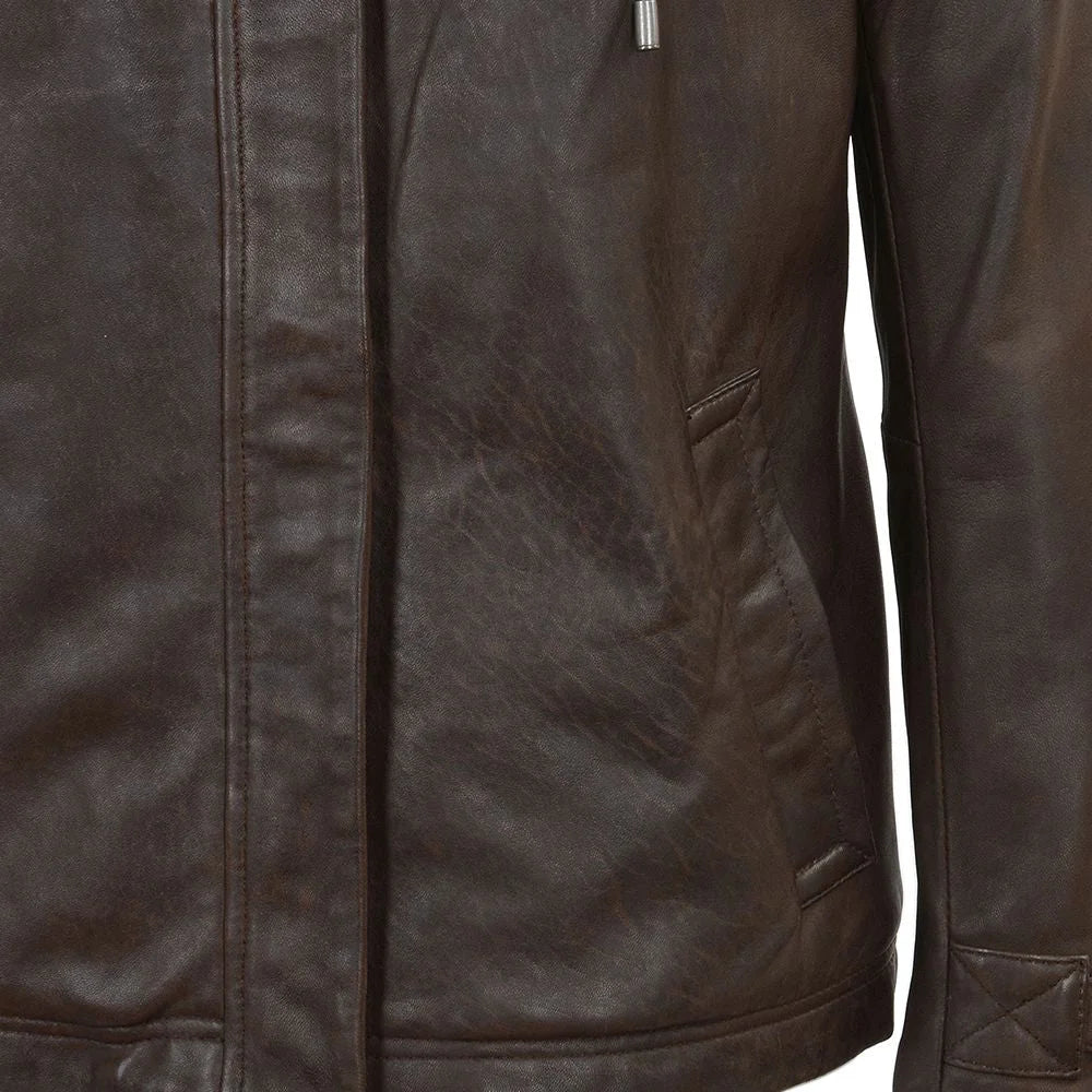 Women's Detachable Hooded Brown Leather Jacket