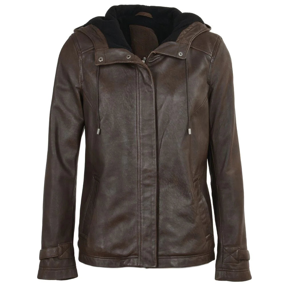 Women's Detachable Hooded Brown Leather Jacket