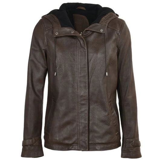 Women's Detachable Hooded Brown Leather Jacket