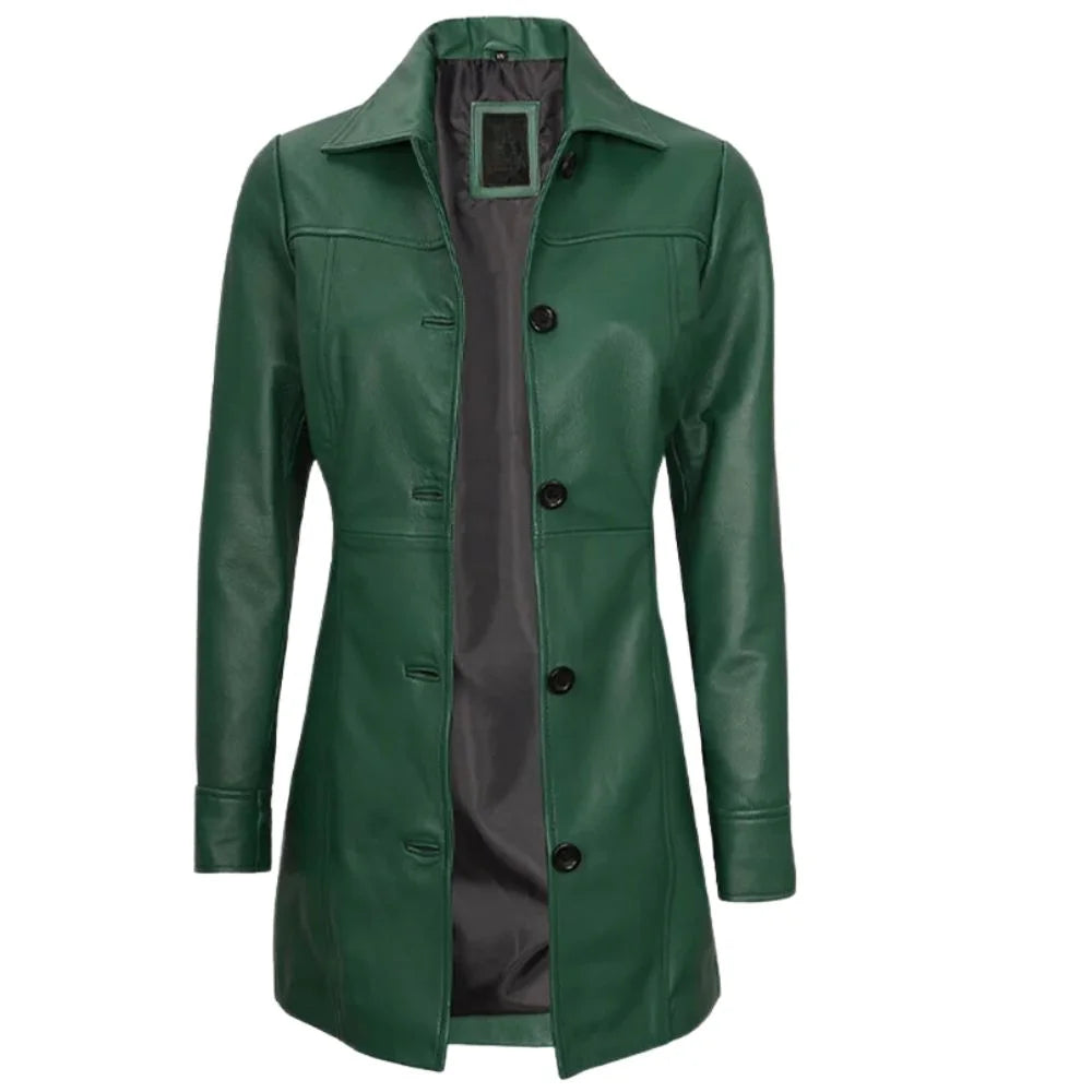Women's Green Button Closure Leather Coat