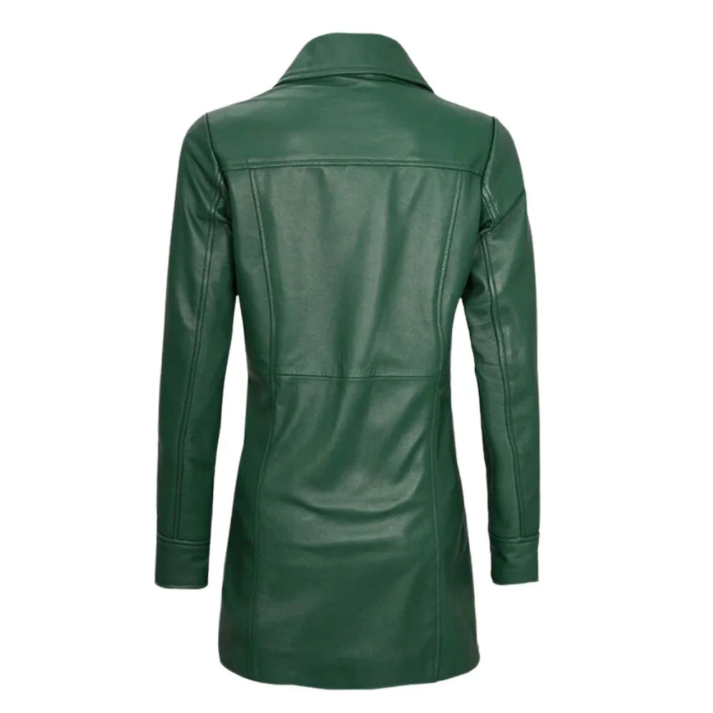 Women's Green Button Closure Leather Coat