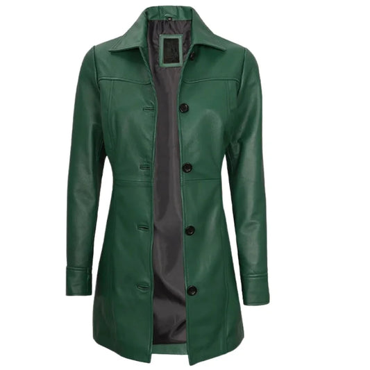 Women's Green Button Closure Leather Coat