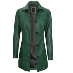 Women's Green Button Closure Leather Coat